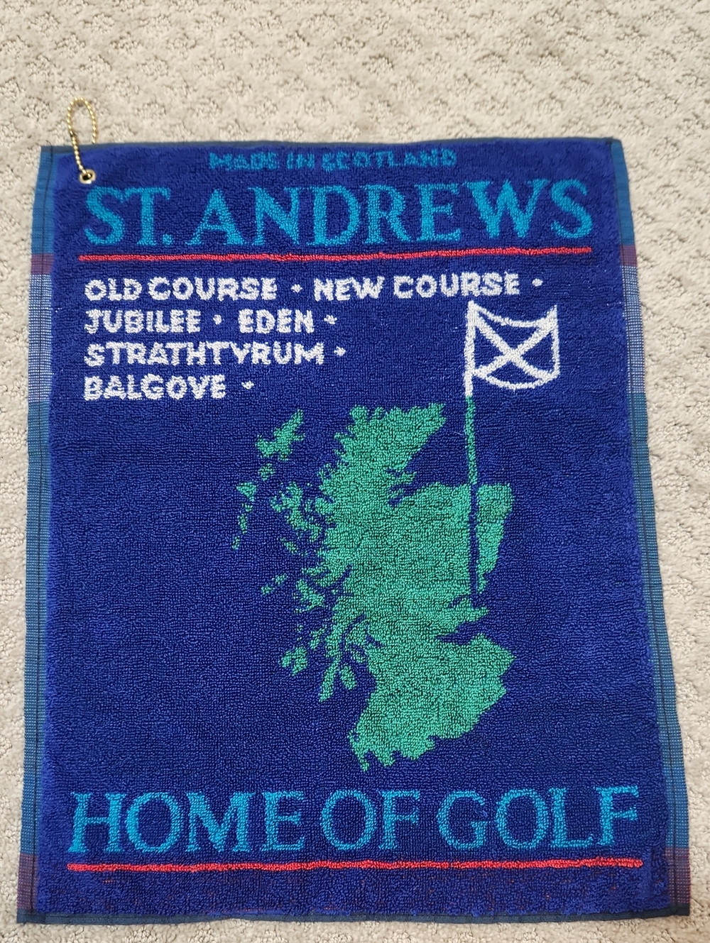 St. Andrews Golf Towel Home of Golf Blue & Green Made In Scotland